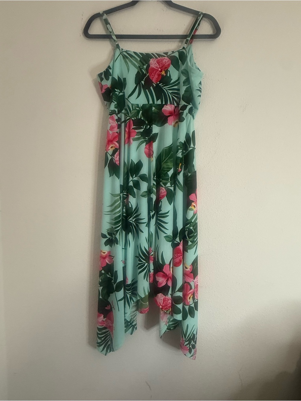 London Times Mint Green Tropical Hibiscus Handkerchief Dress 10 Vacation Cruise - Picture 6 of 8